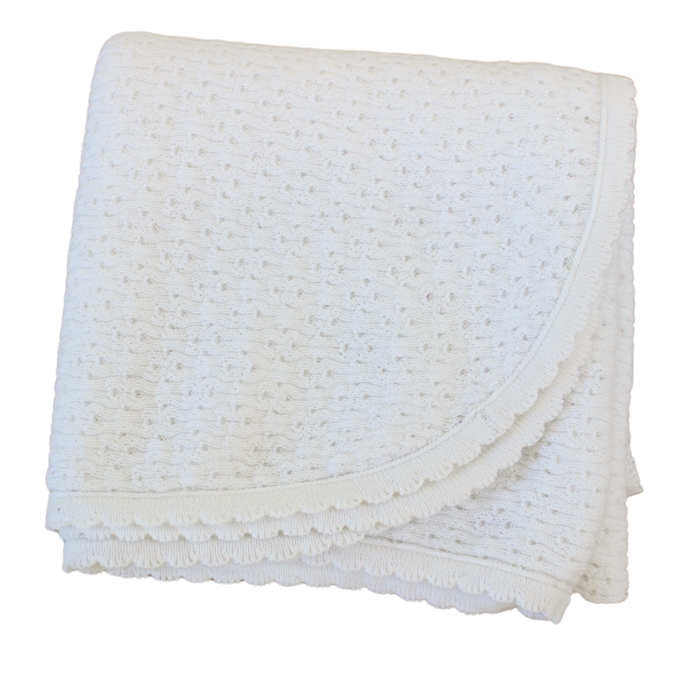 Heirloom white knitted baby blanket for take home outfit that can be personalized
